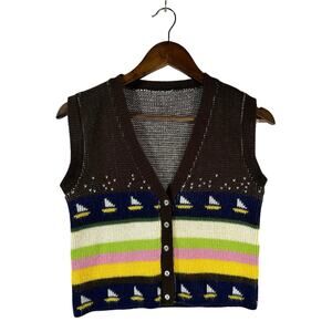 Knit Sweater Vest Sailboat Print Multi Color Stripe Button Front Size XS Womens